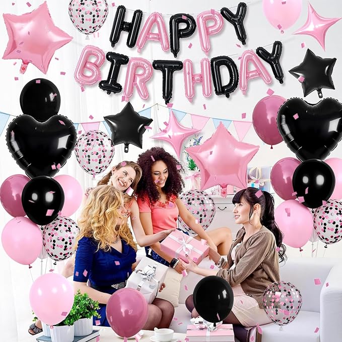 Pink and Black Birthday Decorations for Girls Women Hot Light Baby Pink Black Balloons Confetti Party Balloon Happy Birthday Banner Heart Balloons 18/10 Inch Star Balloon for Bday Party Supplies