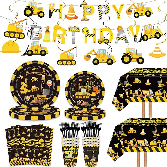132 Pcs Construction 5th Birthday Party Supplies Dump Truck Theme Five Tableware Includes Hanging Swirl, Banner, Plates, Cups, Tablecloth for Boys Construction Five Years Old Bday Party Decorations