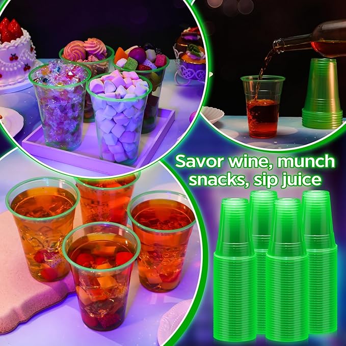 LemonRoad 50 Pack Blacklight Party Glow Cups 16 oz Plastic Neon Cups Disposable Glow in the Dark for Parties Birthdays 80s Themed Events (Green)