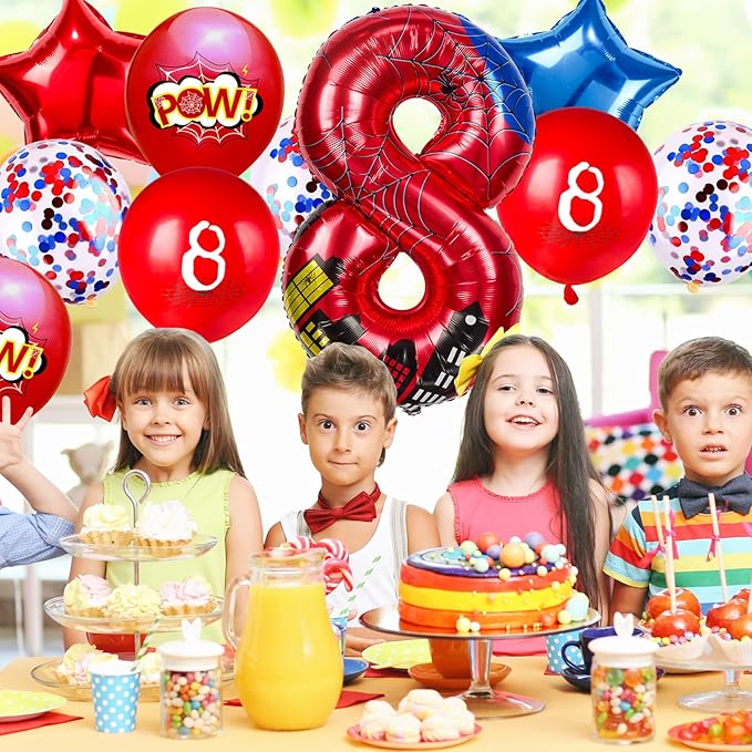 Cartoon Hero 40 Inch Red and Blue Spider Theme Number Foil Birthday Decoration Balloons, Cartoon Party Birthday Supplies, Number large Balloons for Spider Theme Party (8)