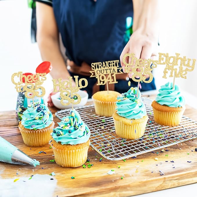 Ephlyn 24Pcs 85th Birthday Cupcake Toppers Glitter Straight Outta 1941 Cupcake Picks Hello 85 Cheers to 85 Years Cake Decorations for 85th Birthday Anniversary Party Decorations Supplies Gold
