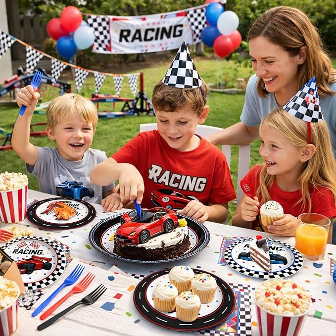 96 Pcs Race Car Birthday Party Decorations (Serves 24), All-in-1 Cars Decorations Supplies Include Include Plates Napkins Forks for Race Day