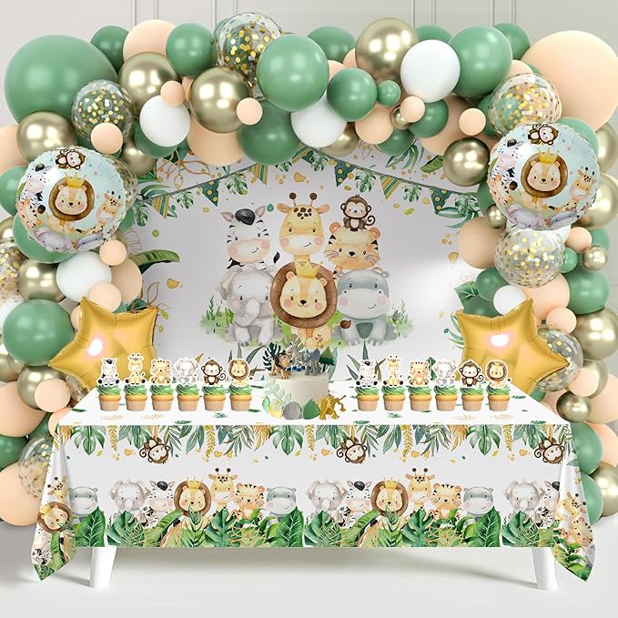 Sage Green Baby Shower Decorations for Girl Boy, Neutral Party Supplies - Green Balloon Arch Garland Kit, Animal Backdrop Tablecloth for Baby Shower Gender Reveal,Boy Girl Birthday Party decorations