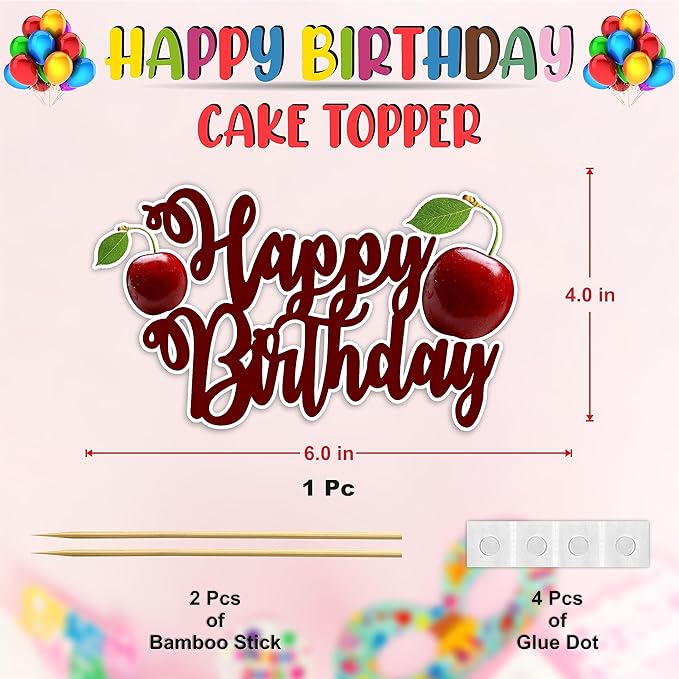 "Cherry Happy Birthday Cake Topper – Cute Fruit-Themed Birthday Party Decoration for Adults – Red Cherry Cake Topper for Dessert Tables, Smash Cakes, High Chairs, and Themed Birthday Celebrations"