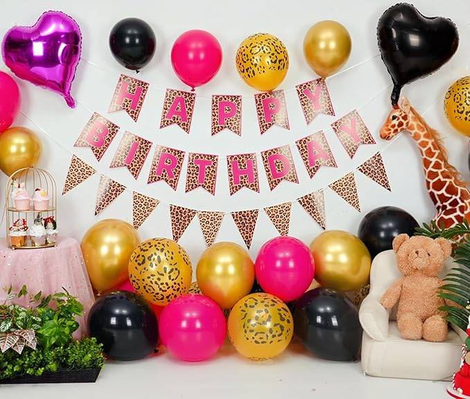 Leopard Print Happy Birthday Decorations, Gold Cheetah Print Animal Balloons Black Gold and Pink Heart Balloon with Birthday Banner for Safari Wild Birthday Baby Shower Jungle Zoo Theme Party Supplies