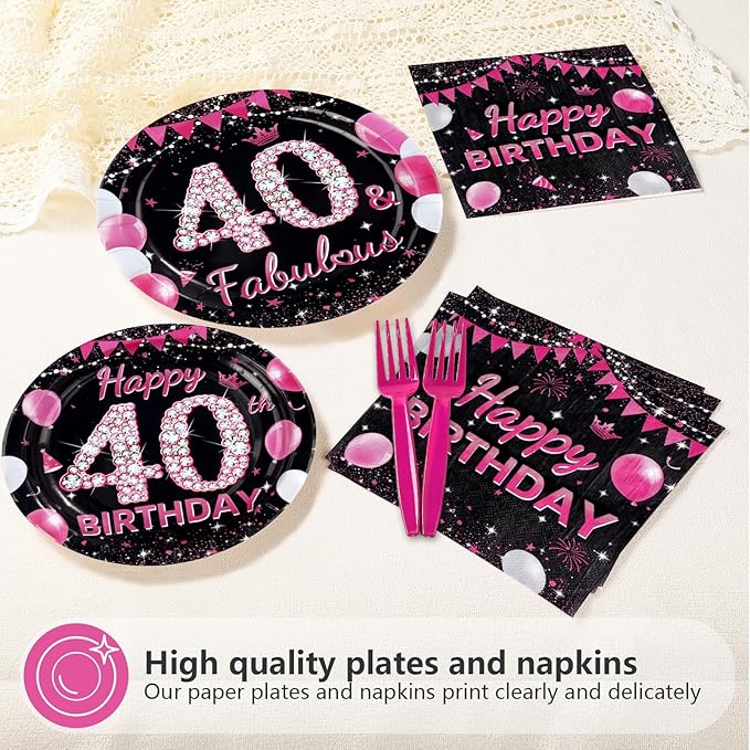 96Pcs 40th Birthday Party Supplies Black and Hot Pink Plates Forks and Napkins Diamond Sweet Theme Disposable Paper Tableware Set for Women 40 Year Old Birthday Party Supplies Serves 24
