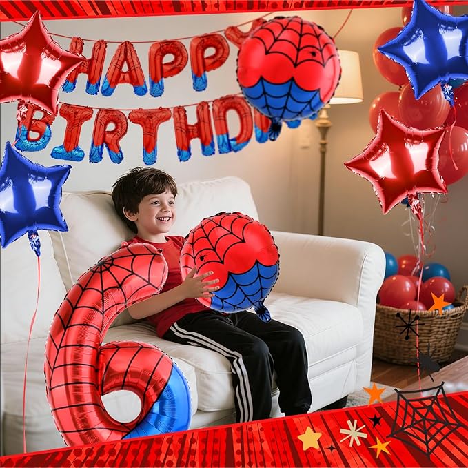 Spider Themed Happy Birthday Banner Party Decorations Set Including 40 Inch Number 6 Foil Balloons, Themed Party Essentials, Colorful Superhero Backdrop Supplies for Boys Indoor Outdoor Celebration