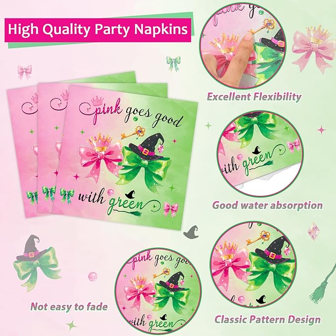 96PCS Witch Birthday Party Decorations Tableware Pink and Green Plates and Napkins Disposable Witch Tableware Set for Girls Birthday Party Decorations Baby Shower Movie Fans Decor Severs 24 Guests
