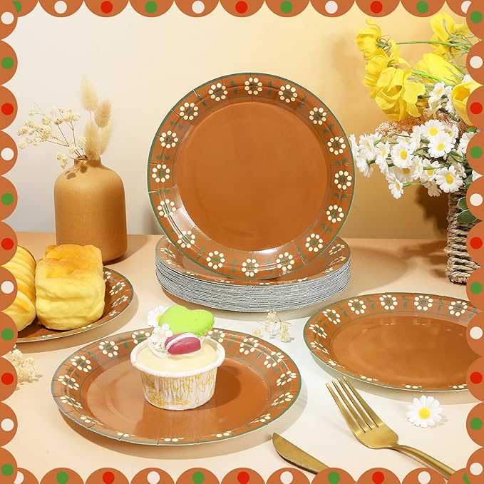 50 PCS Platos De Barro Mexicanos Paper Plates for Talavera Party Decor 7" Terracotta Flower Clay Pottery Paper Plates Mexican Dessert Plate for Christmas Birthday Wedding Baby Shower Party Supplies