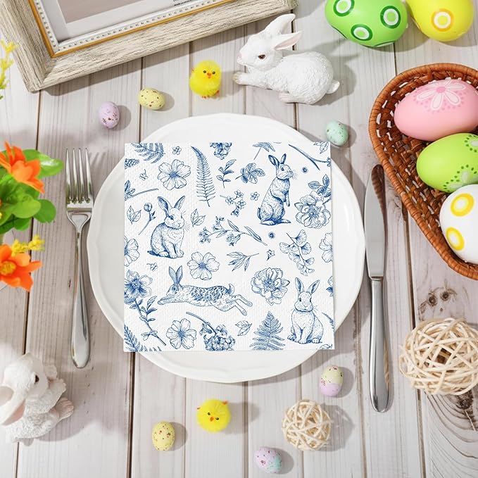 100 Pcs Easter Napkins, Retro Bunny Napkins Blue and White Rabbit Decoupage Napkin Chinoiserie Easter Dessert Beverage Napkin for Spring, Birthday, Baby Shower