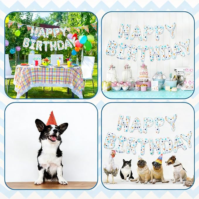 YIIHMEI Cartoon Dog Paw Print White Happy Birthday Banner Party Decorations Balloons with Blue Orange Wave Point Style Letters Signs Party Supplies for Kid's