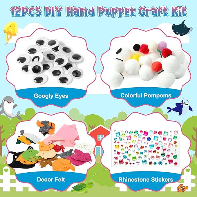 WATINC 12Pcs Hand Puppet Making Kit, Art Craft Felt Sock Puppet Toys, Creative DIY Make Your Own Pompoms Wiggle Googly Eyes Storytelling Role Play Party Supplies Gift for Girls Boys (Farm A Ocean A)
