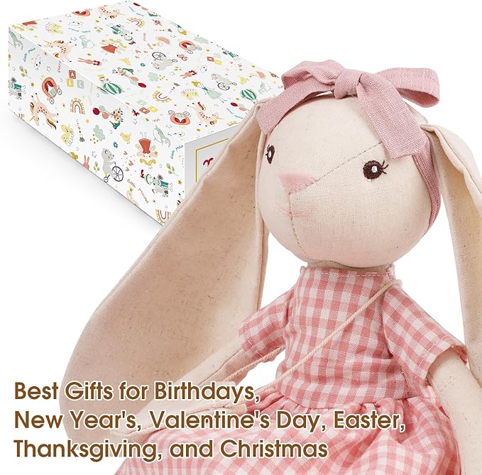 15" Bunny Stuffed Animal for Girls, Plush Toy Doll -Wearing Pink Plaid Dress,Cute Doll Set Dress Up for 3 4 5 Year Old Girl - Gift for Little Girl, Birthday, Easter,Christmas…