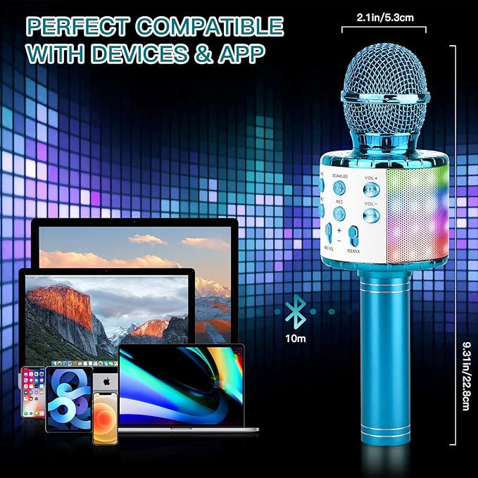 ShinePick Karaoke Microphone, 4 in 1 Wireless Microphone with LED Lights Handheld Portable Karaoke Machine, Home KTV Player, Compatible with Android & iOS Devices(Blue)