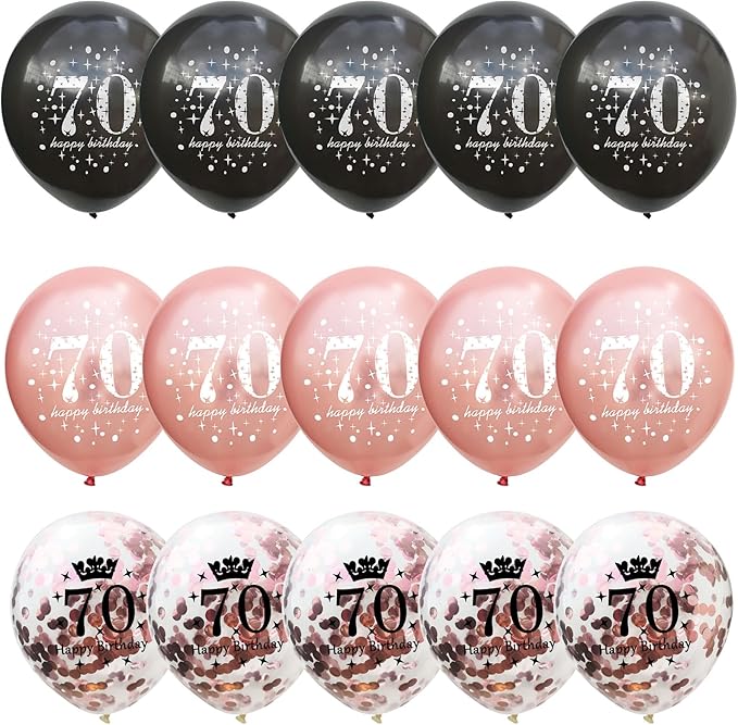 70th Birthday Decorations for Women, Black Rose Gold Happy 70th Birthday Latex Balloons Set, Pack of 15 70th Party Decor Balloons for Age 70 Years Old Birthday Party Decoration Celebration Supplies