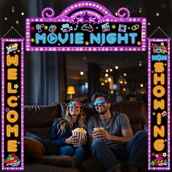3Pcs Movie Night Porch Banner Decorations Neon Movie Theme Party Hanging Banner Welcome Now Showing Sign Door Decor Camera Action Porch Sign for Theater Film Photography Background Party Supplies