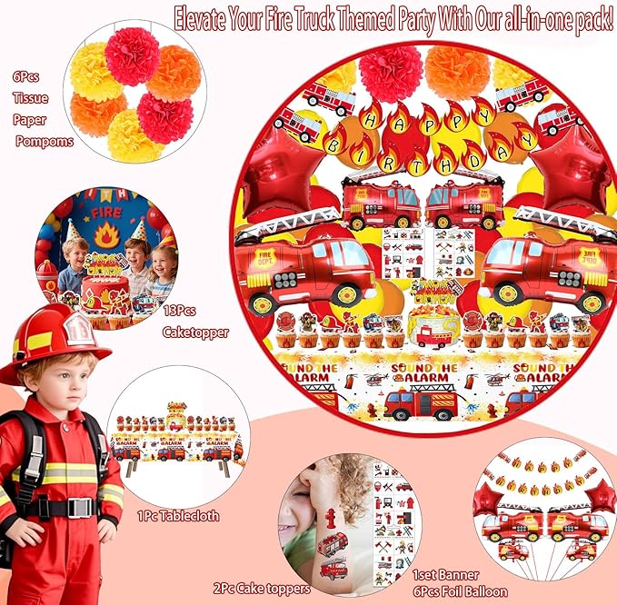 Fire Truck Birthday Party Decorations Kit – Firefighter Party Supplies with Happy Birthday Banner, Fire Truck Foil & LatexBalloons, Table Cover, Cake Toppers & Tattoo Stickers Perfect for kids Party