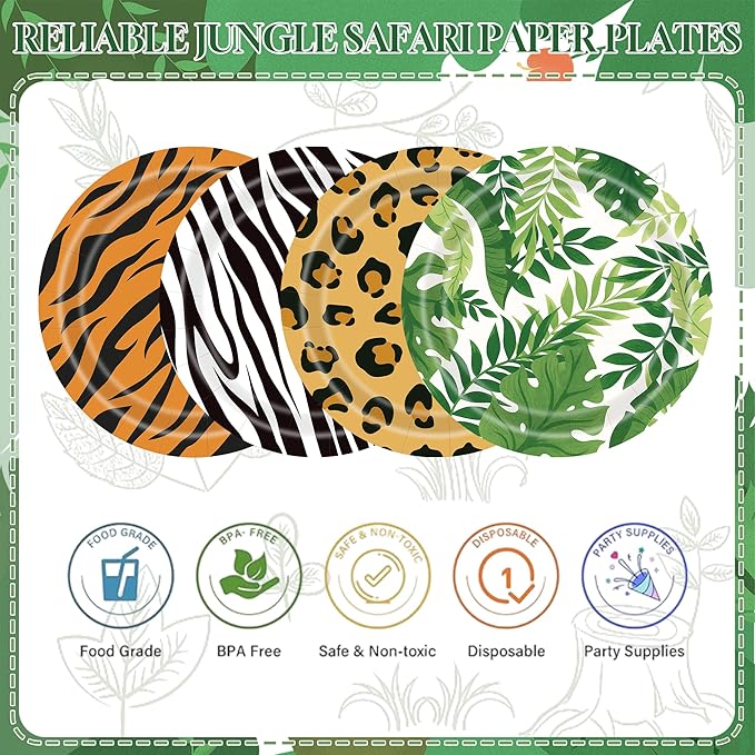 48PCS Jungle Safari Paper Plates, 7 Inch Zoo Animal Plates Wild Animal Party Decorations Disposable Tableware Set for Baby Shower Birthday Safari Themed Party Supplies