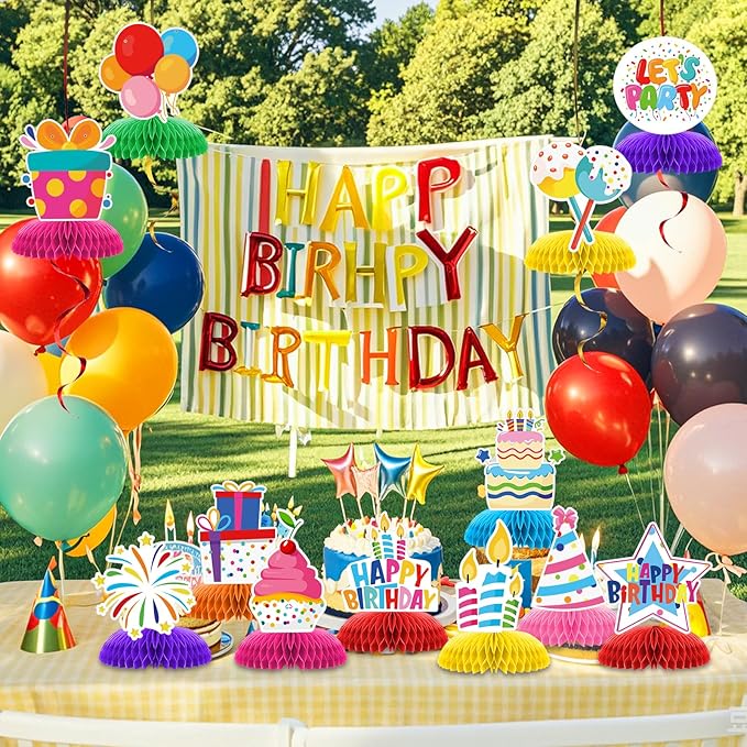 12 Pcs Happy Birthday Party Decorations, Colorful Happy Birthday Decorations, Table Honeycomb Centerpieces Decor Table for Party Supplies for Women Men The Kids' Boys Girls