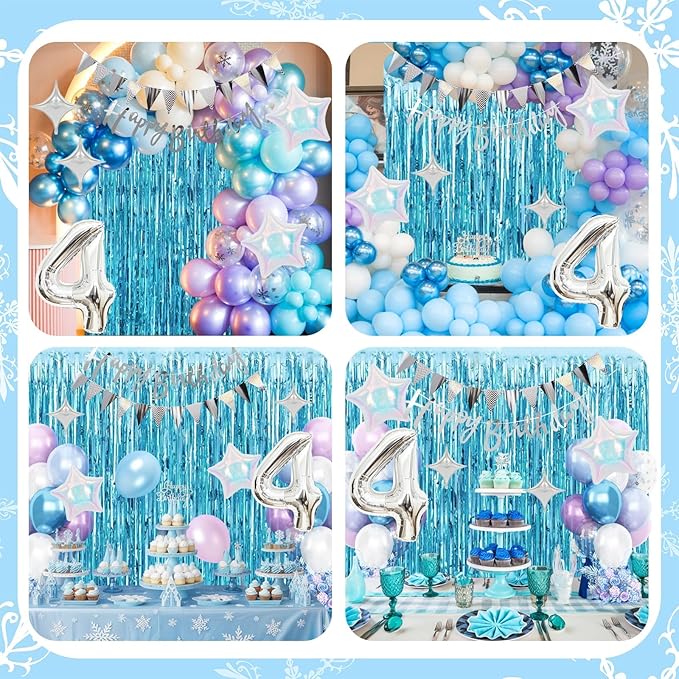 4th Snow Birthday Decorations for Girl, Blue Purple Balloons with Happy Birthday Banner Curtain Silver Number 4 Balloon Iridescent Star Foil Balloons for Girls Baby Shower Birthday Party Supplies