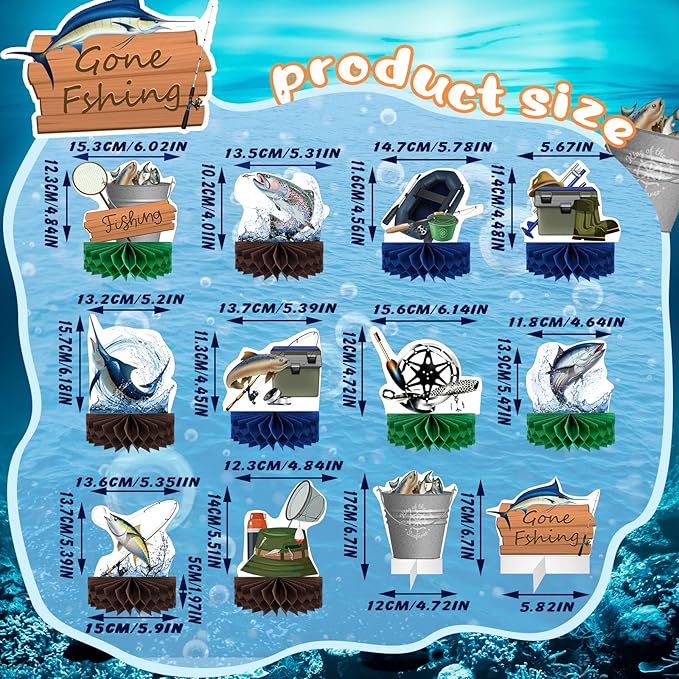 12 Pcs Fishing Decorations Gone Fishing Centerpieces Fish Party Decorations Honeycomb Party Supplies 3D Fishing Table Decor Fishing Birthday Party Supplies for Fathers Day Retirement Baby Shower