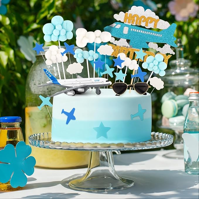 Hooqict 25 Pieces Airplane Cake Topper Decorations with Mini Sunglasses Blue White Cloud Happy Birthday Cake Toppers & Cupcake Toppers for Airplane Themed Party Decorations Supplies