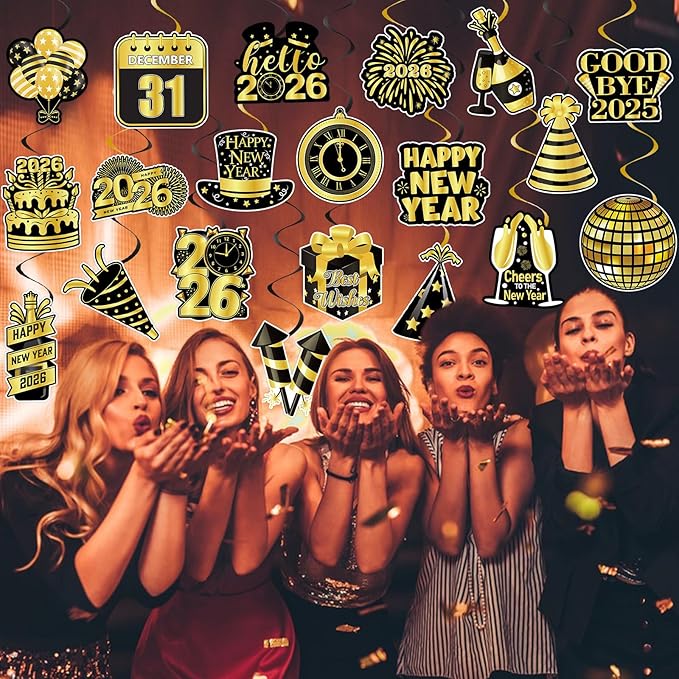 40Pcs Happy New Year Decorations Hanging Swirls, Black and Gold Happy New Year Hanging Swirls Ceiling Decor for New Year's Eve Party Decorations Supplies 2026