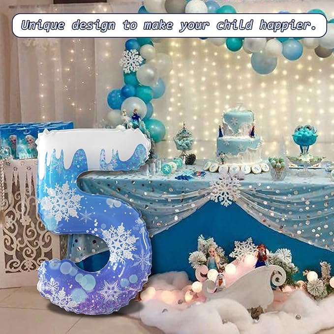 40 Inch Frozen Balloon Number 5 Birthday Balloons Decorations for Girls Birthday Snowflake Themed Party Supplies Winter Party Decorations (Blue Snowflake, number 5)