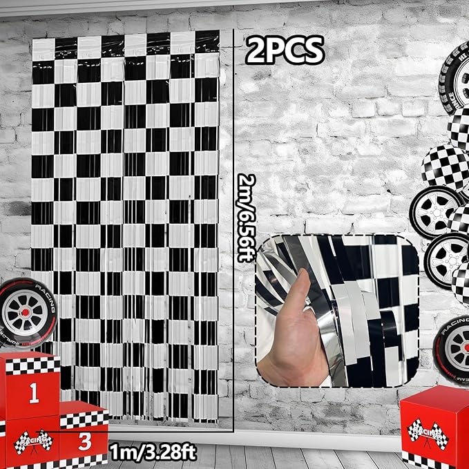 Race Car Foil Fringe Curtains Backdrop Birthday Party Decorations, 2 Pack 3.28 x 6.56 Ft Black White Foil Fringe Curtain Photo Booth Props Racing Car One Happy Dude Birthday Party Decorations