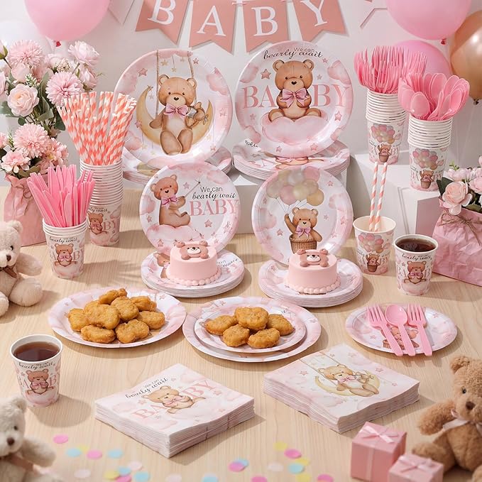 450 Pcs Pink Bear Baby Shower Tableware Set Decorations We Can Bearly Wait Paper Plates Napkins Cups Cutlery Straws for Pink Baby Shower Gender Reveal Birthday Party Supplies, Serves 50