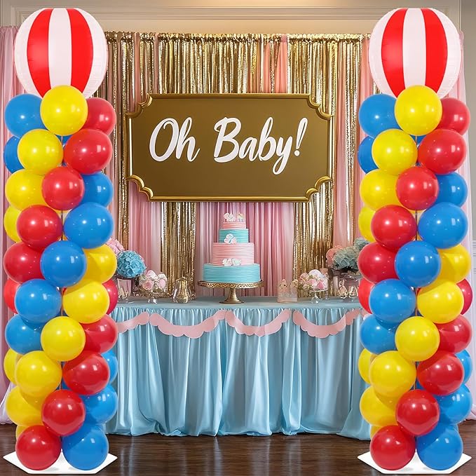 2 Sets Carnival Circus Balloon Column Stand Kit with 102 Balloons 5.57ft Adjustable Balloon Tower Stand with Bases Red and White Striped Balloons Arch Column for Carnival Birthday Party Supplies