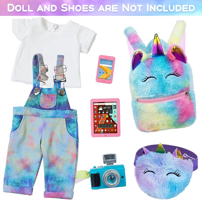 ZITA ELEMENT 7 Pcs American 18 Inch Doll Clothes and Accessories - 18 Inch Doll Clothes Set with Backpack, Waist Bag, Cell Phone, Tablet, Camera