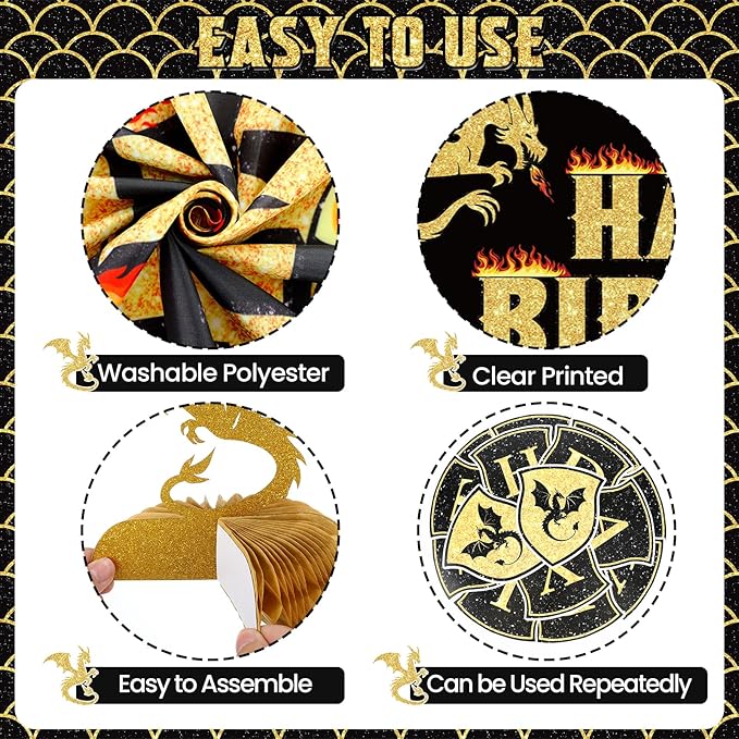 Dragon Birthday Party Decorations Black Gold Dragon Knight Party Supplies with Birthday Banner Backdrop Honeycomb Topper Hanging Swirls Balloons for Kids Dragon Decor