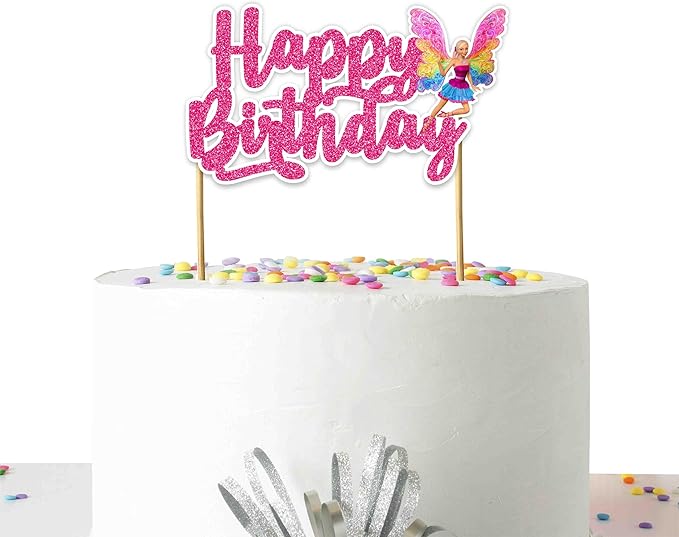 Barbe Happy Birthday Cake Topper - Glam Fashion Doll Theme Design, Stylish Pink Party Cake Decoration for Birthday Celebration, Trendy Dessert Table Display, Photo Prop, Cake Centerpiece