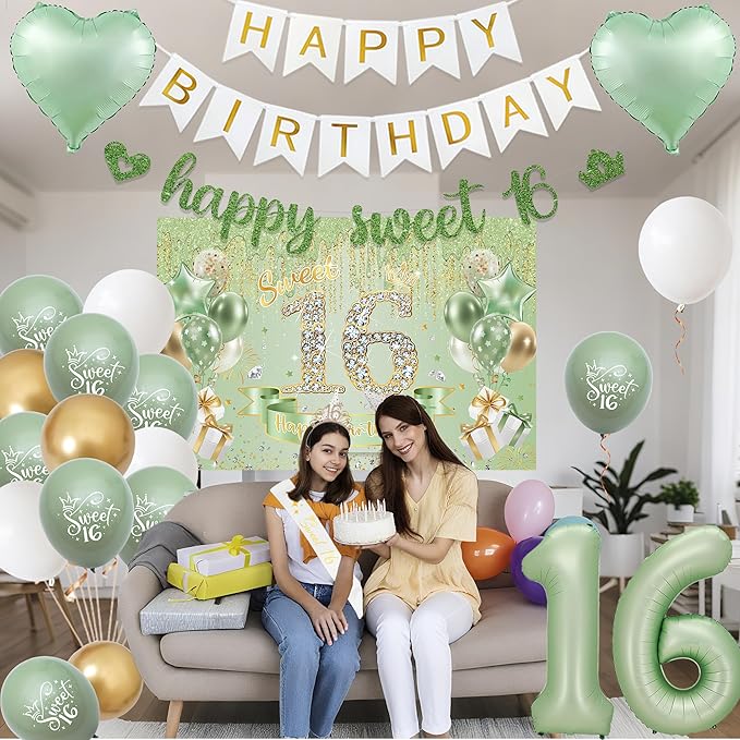 Sweet 16 Birthday Party Decorations for Girls - Sage Green 16th Happy Birthday Banner Heart Balloons Number 16, Photo Backdrop Crown Sash Party Supplies for Sixteen Years Old