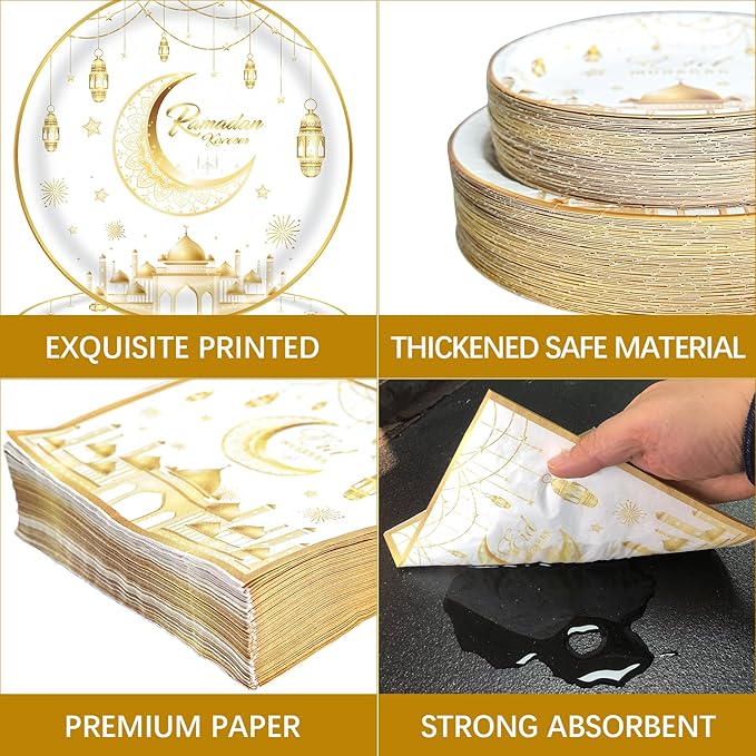 180pcs Ramadan Eid Mubarak Party Supplies,Eid Mubarak Plates and Napkins Set,for Ramadan Party Decorations, Serve 60 Guest