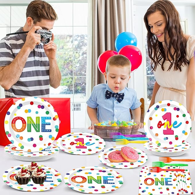 CHUNNIN 96pcs Rainbow 1st Birthday Plates and Napkins Confetti Happy Birthday Party Decorations with Polka Dot Confetti Dessert Plates Colorful 1st Tableware for 24 Guests 1 Year Old Party Supplies