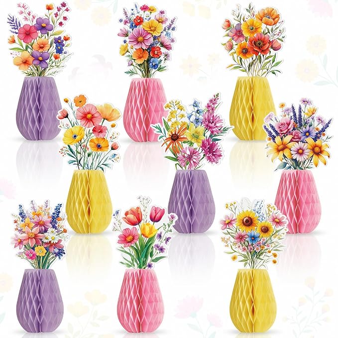 9 Pcs Wildflower Honeycomb Table Centerpieces Wildflower Birthday Party Decorations Spring Floral Table Centerpieces Paper Honeycomb Decor for Birthday Baby Shower Supplies Office