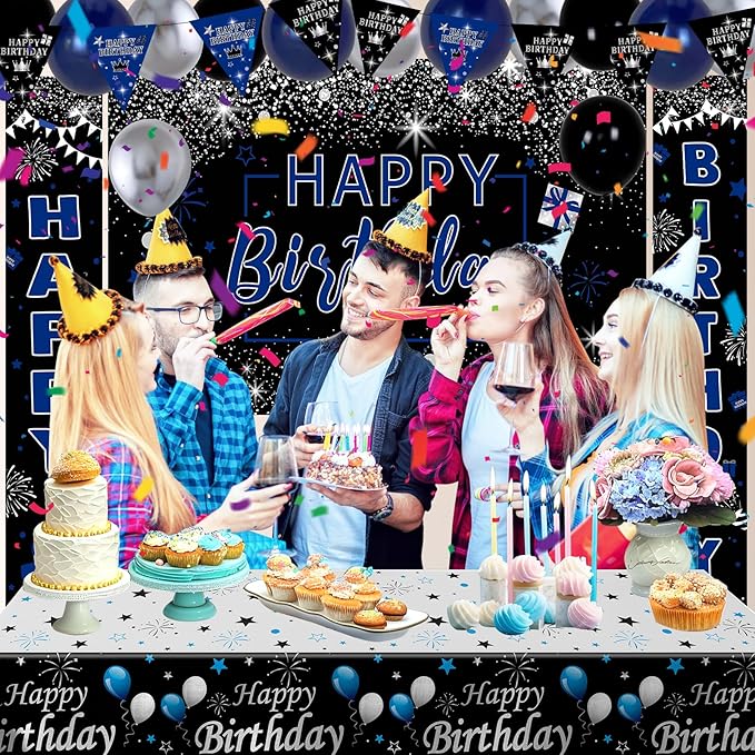 Black and Blue Birthday Decorations, 37 PCS Blue Silver Party Decorations for Boys Men Women Girls, Balloon Supplies with Happy Birthday Backdrop Banner Tablecloth Confetti Balloons Arch