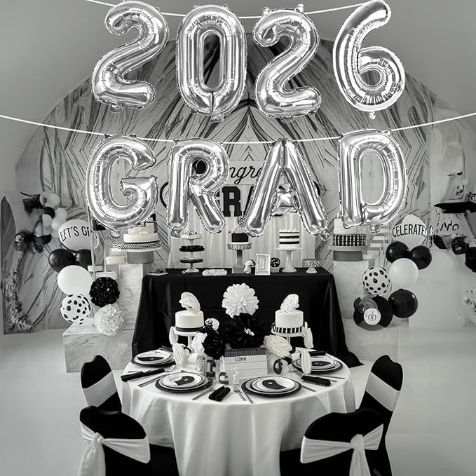 Silver 2026 GRAD Foil Balloons, 16 Inch Metallic Silver Grad Congrats Balloons Banner for Graduation Decorations 2026, College High School Class of 2026 Graduate Congratulations Party Decor Supplies