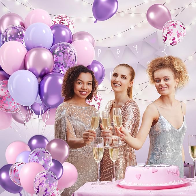 61pcs Pink and Purple Balloons, 12 Inch Purple Pink Confetti Latex Balloons, Metallic Balloon for Bridal Baby Shower Wedding Women Birthday Party Decorations
