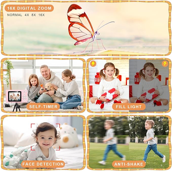 aycy Point and Shoot Digital Camera for Kids, UHD 4K 48MP with 64GB SD Card and 16X Digital Zoom Anti Shake, Compact Portable Small Gift for Students, Ivory White
