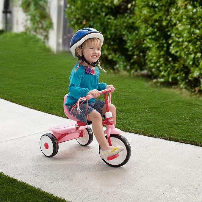Radio Flyer 415PS Kids Readily Assembled Steel Framed Adjustable Beginner Fold 2 Go Trike with Spacious Storage Bin and Handle Streamers, Pink