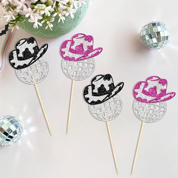24 PCS Glitter Western Cowboy & Cowgirl Hat Cupcake Toppers - Disco Ball Picks for 70s Disco Music Theme Party Supplies