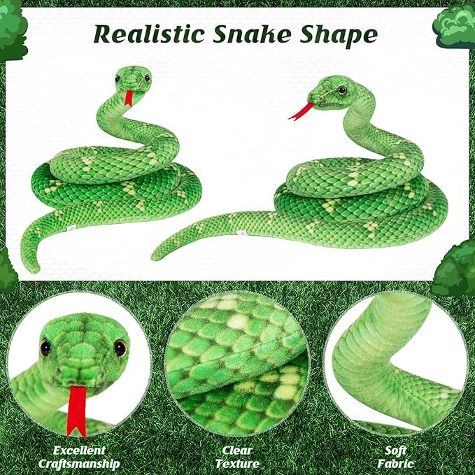 Giant Stuffed Snake, Lifelike Plush Animal, 110 in Large Toy Snake for Kids, Perfect for Birthday Present or Party Prank Prop (Green)