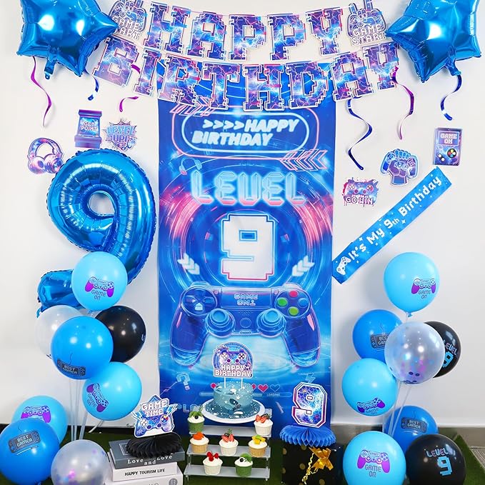 Video Game 9th Birthday Decorations for Boys, Level 9 Birthday Decorations Include Banner Backdrop Sash Honeycomb Centerpieces Hanging Swirls Stickers Cake Topper for Gamer Birthday Party Supplies