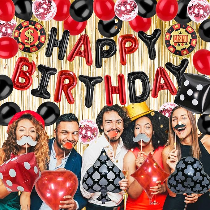 Casino Theme Party Decorations Las Vegas Poker Night Birthday Decorations Set, Aluminium Foil Happy Birthday Banner, Dice, Chips, Poker Signs, Latex Balloons