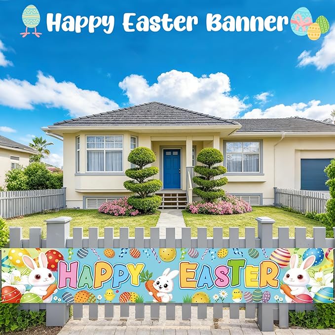 Happy Easter Banner 120x20 Inches, Easter Outdoor Decorations for Yard, Fence, Porch, Party, Durable Polyester Easter Bunting with Easy Hang Grommets for Indoor Outdoor Easter Party Supplies