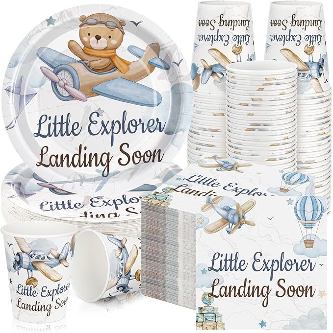 Hushee 200 Pcs Little Explorer Baby Shower Paper Plates Napkins Cups Baby Shower Party Supplies Tableware Set Disposable Cup Napkin for 50 Guest Party Decoration