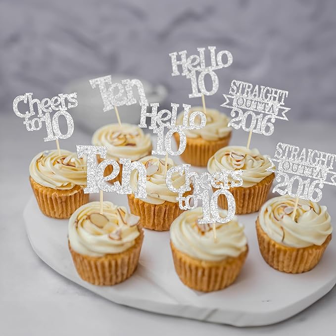Ephlyn 24Pcs Happy 10th Birthday Cupcake Toppers Glitter Ten Cupcake Picks Hello 10 Cheers to 10 Years Cake Decorations for 10th Birthday Anniversary Party Decorations Supplies Silver